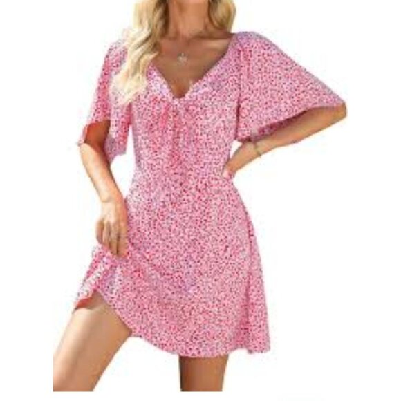 Womens Size S Floral Print Flutter Sleeve Mini Dress Tie Front Cut Out Casual - Picture 1 of 13
